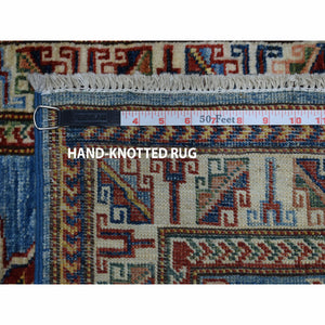 2'1"x3' Super Kazak Pure Wool Blue Geometric Design Hand-Knotted Oriental Rug FWR300450