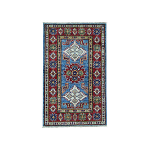 2'x3' Super Kazak Pure Wool Blue Geometric Design Hand-Knotted Oriental Rug FWR300474