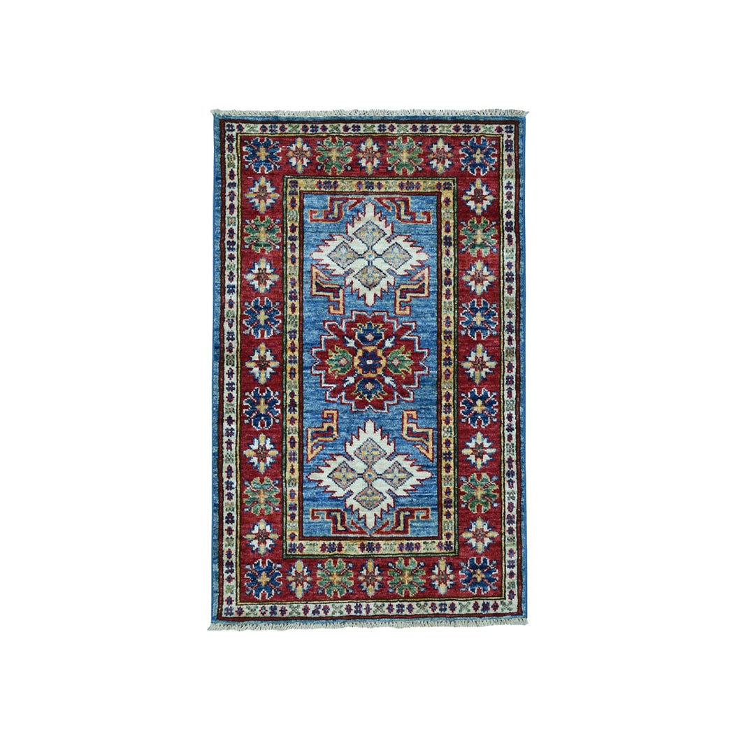 2'x3' Super Kazak Pure Wool Blue Geometric Design Hand-Knotted Oriental Rug FWR300474