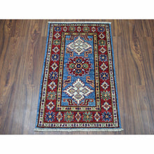 Load image into Gallery viewer, 2&#39;x3&#39; Super Kazak Pure Wool Blue Geometric Design Hand-Knotted Oriental Rug FWR300474