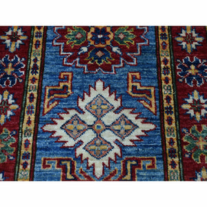 2'x3' Super Kazak Pure Wool Blue Geometric Design Hand-Knotted Oriental Rug FWR300474
