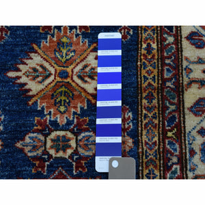 2'10"x4'2" Blue Super Kazak Pure Wool Geometric Design Hand-Knotted Oriental Rug FWR300630