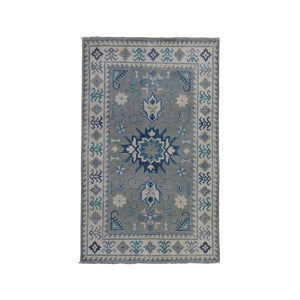 3'2"x5' Gray Vintage Look Kazak Pure Wool Hand-Knotted Oriental Rug FWR301332