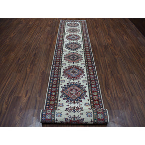 2'9"x19' Ivory Super Kazak Geometric Design XL Runner Pure Wool Hand-Knotted Oriental Rug FWR303876