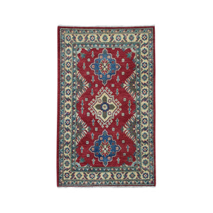 3'4"x4'9" Red Kazak Pure Wool Geometric Design Hand-Knotted Oriental Rug FWR303906