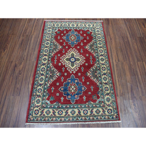 3'4"x4'9" Red Kazak Pure Wool Geometric Design Hand-Knotted Oriental Rug FWR303906