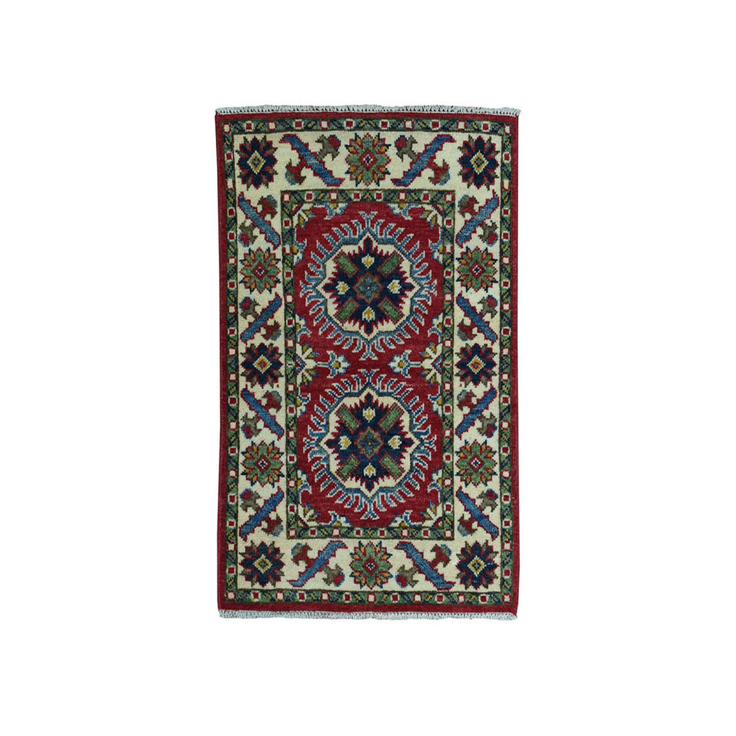 2'x3' Red Kazak Geometric Design Pure Wool Hand-Knotted Oriental Rug FWR304824
