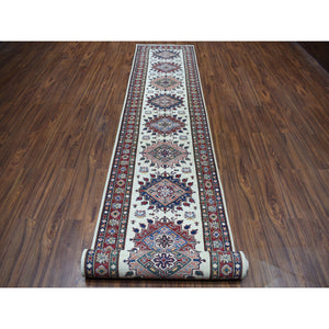 2'10"x19'1" Ivory Super Kazak Geometric Design XL Runner Pure Wool Hand-Knotted Oriental Rug FWR304932