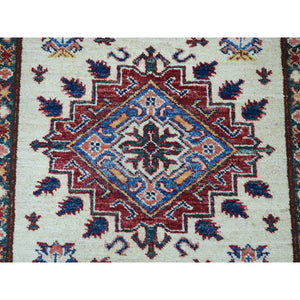 2'10"x19'1" Ivory Super Kazak Geometric Design XL Runner Pure Wool Hand-Knotted Oriental Rug FWR304932