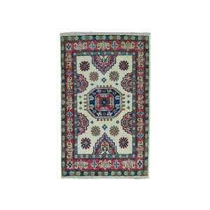 2'x2'10" Ivory Geometric Design Kazak Pure Wool Hand-Knotted Oriental Rug FWR305100