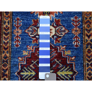 2'9"x4'2" Blue Super Kazak Pure Wool Geometric Design Hand-Knotted Oriental Rug FWR305346