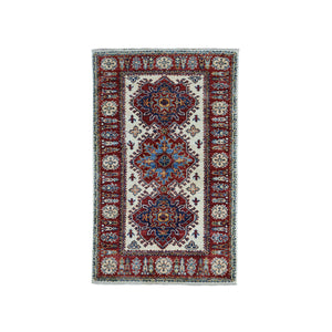 2'8"x4'7" Ivory Super Kazak Pure Wool Geometric Design Hand-Knotted Oriental Rug FWR305358