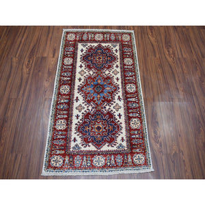 2'8"x4'7" Ivory Super Kazak Pure Wool Geometric Design Hand-Knotted Oriental Rug FWR305358