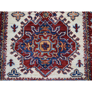 2'8"x4'7" Ivory Super Kazak Pure Wool Geometric Design Hand-Knotted Oriental Rug FWR305358