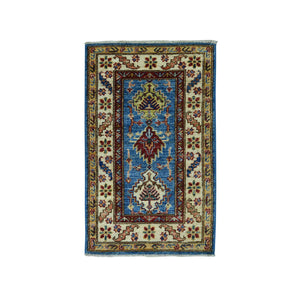 2'x3'6" Blue Super Kazak Pure Wool Geometric Design Hand-Knotted Oriental Rug FWR305490