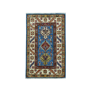 2'x3'1" Blue Super Kazak Geometric Design Pure Wool Hand-Knotted Oriental Rug FWR306162