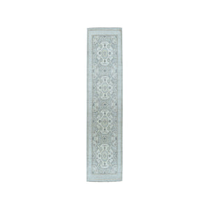 2'9"x9'2" White Wash Peshawar Pure Wool Hand-Knotted Runner Oriental Rug FWR306756