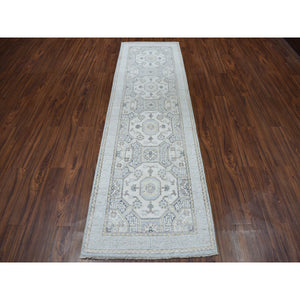 2'9"x9'2" White Wash Peshawar Pure Wool Hand-Knotted Runner Oriental Rug FWR306756