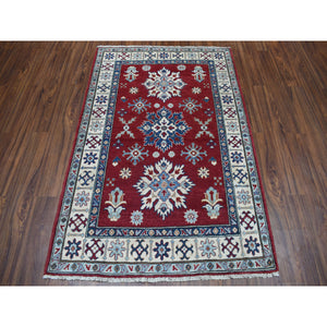 4'x5'10" Red Geometric Design Kazak Pure Wool Hand-Knotted Oriental Rug FWR306804