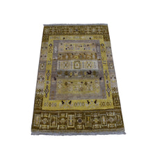 Load image into Gallery viewer, 2&#39;8&quot;x3&#39;9&quot; Yellow Pure Wool Kashkuli Gabbeh Pictorial Hand Knotted Oriental Rug FWR310938