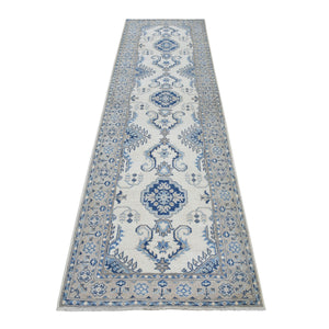 2'9"x10'7" Vintage Look Kazak Geometric Design Ivory Runner Pure Wool Hand Knotted Oriental Rug FWR311502