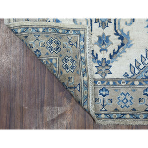 2'9"x10'7" Vintage Look Kazak Geometric Design Ivory Runner Pure Wool Hand Knotted Oriental Rug FWR311502