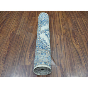 2'9"x10'7" Vintage Look Kazak Geometric Design Ivory Runner Pure Wool Hand Knotted Oriental Rug FWR311502