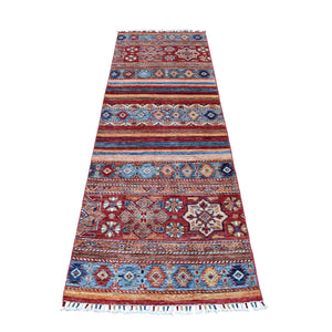 2'9"x8' Khorjin Design Runner Red Super Kazak Geometric Hand Knotted 100% Wool Oriental Rug FWR316662