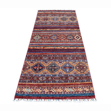 Load image into Gallery viewer, 3&#39;2&quot;x7&#39;6&quot; Khorjin Design Runner Red Super Kazak Geometric Hand Knotted Pure Wool Oriental Rug FWR316890