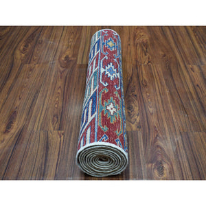 2'4"x9'2" Khorjin Design Runner Blue Super Kazak Tribal Pure Wool Hand Knotted Oriental Rug FWR317106