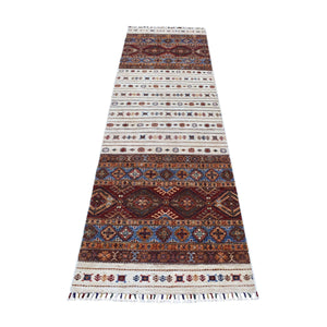 2'7"x9' Ivory Khorjin Design Runner Super Kazak Geometric Hand Knotted Pure Wool Oriental Rug FWR317178