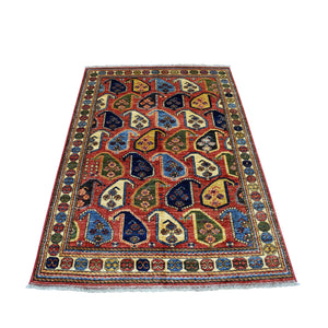 4'1"x6'1" Red Afghan Turkoman Ersari Paisley Design Hand Knotted Pure Wool Oriental Rug FWR318762