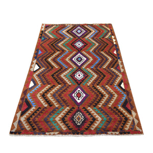 3'7"x6'1" Brown Natural Dyes Geometric Design Colorful Afghan Baluch Hand Knotted 100% Wool Oriental Rug FWR318846