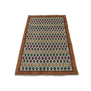 3'2"x5' Gray Tribal Design Colorful Afghan Baluch Hand Knotted Pure Wool Oriental Rug FWR319038