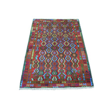 Load image into Gallery viewer, 3&#39;5&quot;x4&#39;8&quot; Purple Geometric Design Colorful Afghan Baluch Pure Wool Hand Knotted Oriental Rug FWR319074