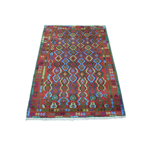 3'5"x4'8" Purple Geometric Design Colorful Afghan Baluch Pure Wool Hand Knotted Oriental Rug FWR319074