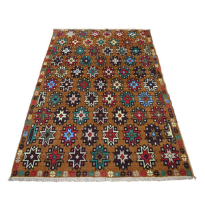4'1"x6'1" Brown Hand Knotted Colorful Afghan Baluch Tribal Design Pure Wool Oriental Rug FWR319116