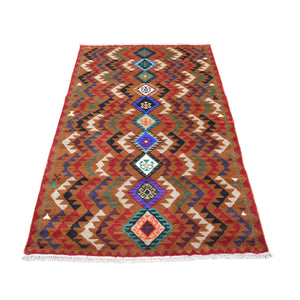 3'10"x6'2" Brown Geometric Design Colorful Afghan Baluch Hand Knotted 100% Wool Oriental Rug FWR319140