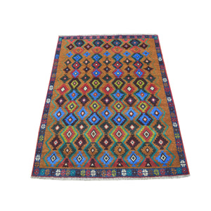 3'5"x4'5" Brown Tribal Design Colorful Afghan Baluch Hand Knotted Pure Wool Oriental Rug FWR319644