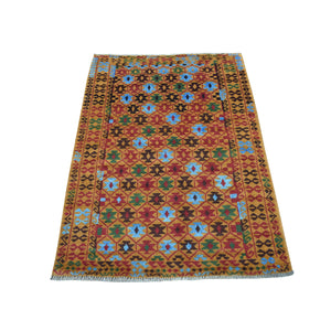 3'5"x4'10" Orange Tribal Design Colorful Afghan Baluch Hand Knotted Pure Wool Oriental Rug FWR319674