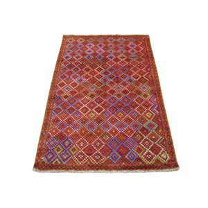 3'5"x5' Brown Tribal Design Colorful Afghan Baluch Hand Knotted Pure Wool Oriental Rug FWR319686