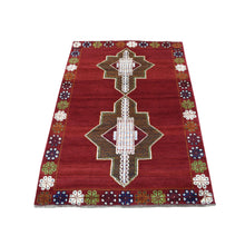 Load image into Gallery viewer, 3&#39;7&quot;x4&#39;10&quot; Red Colorful Afghan Baluch Tribal Design Hand Knotted Pure Wool Oriental Rug FWR319710