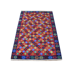 3'3"x4'9" Red All Over Design Colorful Afghan Baluch Hand Knotted Pure Wool Oriental Rug FWR319734