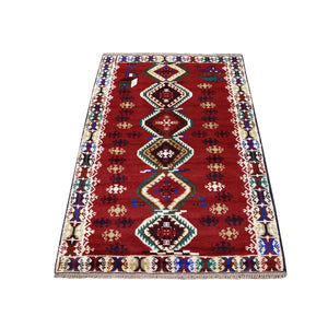 3'3"x4'9" Red Colorful Afghan Baluch Geometric Design Hand Knotted Pure Wool Oriental Rug FWR319740