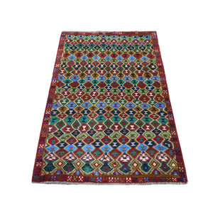 3'3"x5' Red Colorful Afghan Baluch All Over Design Hand Knotted Pure Wool Oriental Rug FWR319752