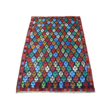 Load image into Gallery viewer, 3&#39;5&quot;x4&#39;8&quot; Red Tribal Design Colorful Afghan Baluch Hand Knotted Pure Wool Oriental Rug FWR319758