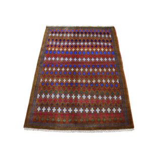 3'3"x4'7" Brown All Over Design Colorful Afghan Baluch Hand Knotted Pure Wool Oriental Rug FWR319764