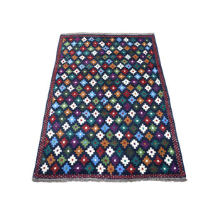 3'4"x4'8" Blue Colorful Afghan Baluch All Over Design Pure Wool Hand Knotted Oriental Rug FWR319776