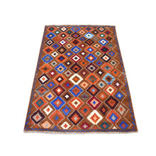Load image into Gallery viewer, 3&#39;5&quot;x4&#39;10&quot; Brown Geometric Design Colorful Afghan Baluch Pure Wool Hand Knotted Oriental Rug FWR319806