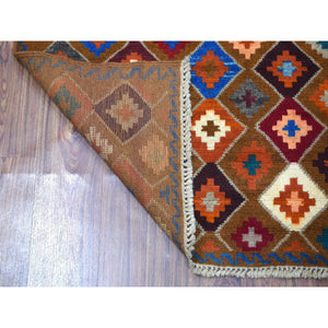 3'5"x4'10" Brown Geometric Design Colorful Afghan Baluch Pure Wool Hand Knotted Oriental Rug FWR319806